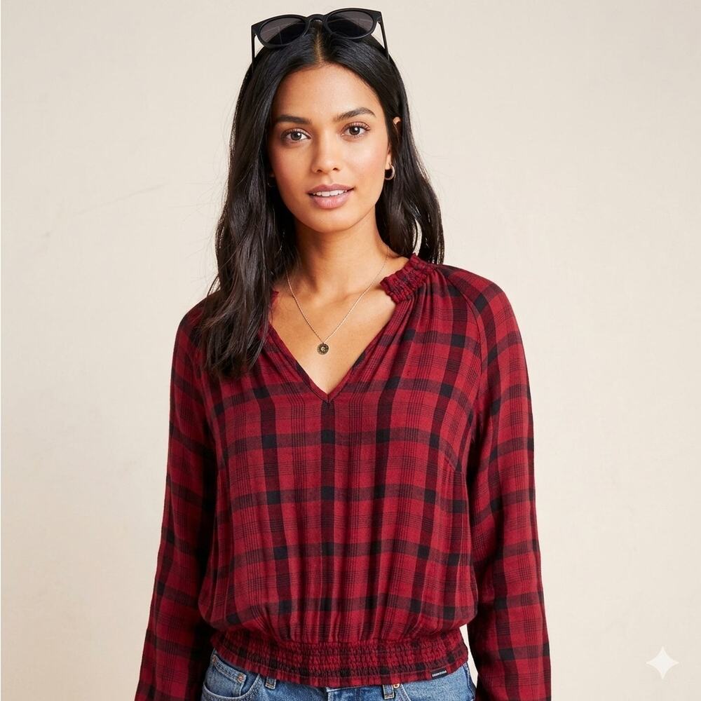 Sz Med ANTHROPOLOGIE Red Black Plaid Dbl-Layer Light Flannel Long-sleeve Blouse